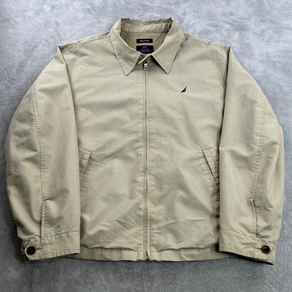 Nautica Houndstooth Harrington Jacket 2XL Tan Blue Preppy Classic Full Zip Coat